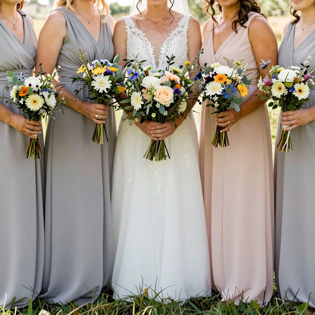 Composition florale champ&ecirc;tre pour mariage avec dahlias terracotta, eucalyptus et gramin&eacute;es