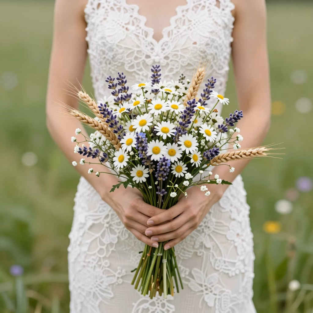 Mariée tenant un bouquet champêtre de marguerites et lavande
