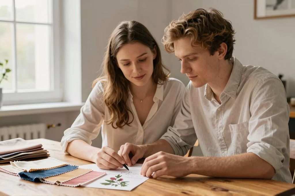 Couple planifiant son mariage assis à une table en bois, entouré d'échantillons de tissus et de fleurs