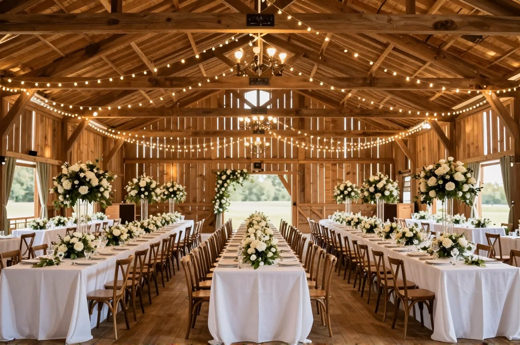 Lieu de réception de mariage décoré avec tables longues, linges blancs et arrangements floraux sous éclairage féerique