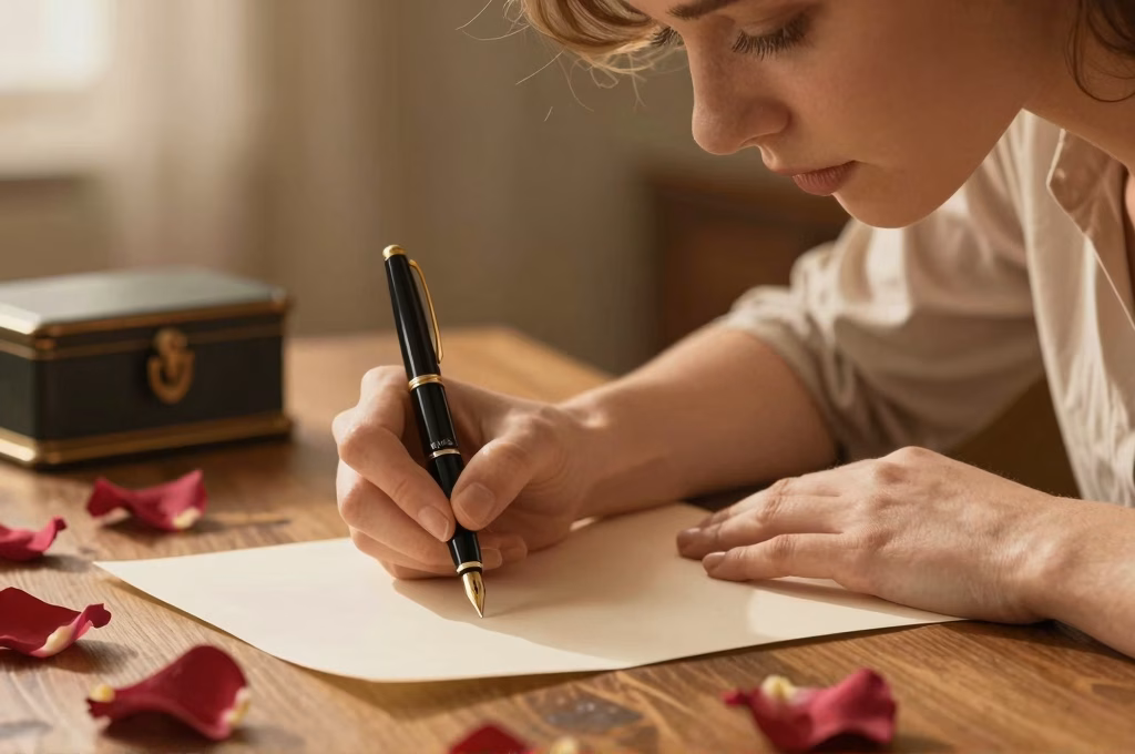 Femme redigeant des voeux de mariage avec une plume elegante sur un bureau en bois avec des petales de roses