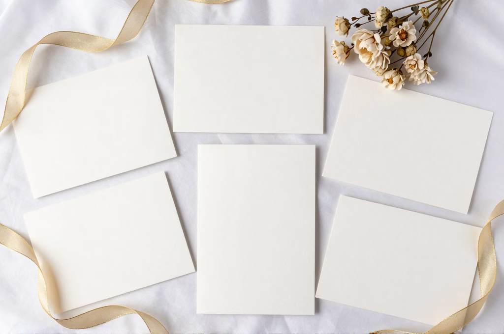Assortiment de cartes de voeux de mariage elegantes disposees sur du satin blanc avec des fleurs sechees