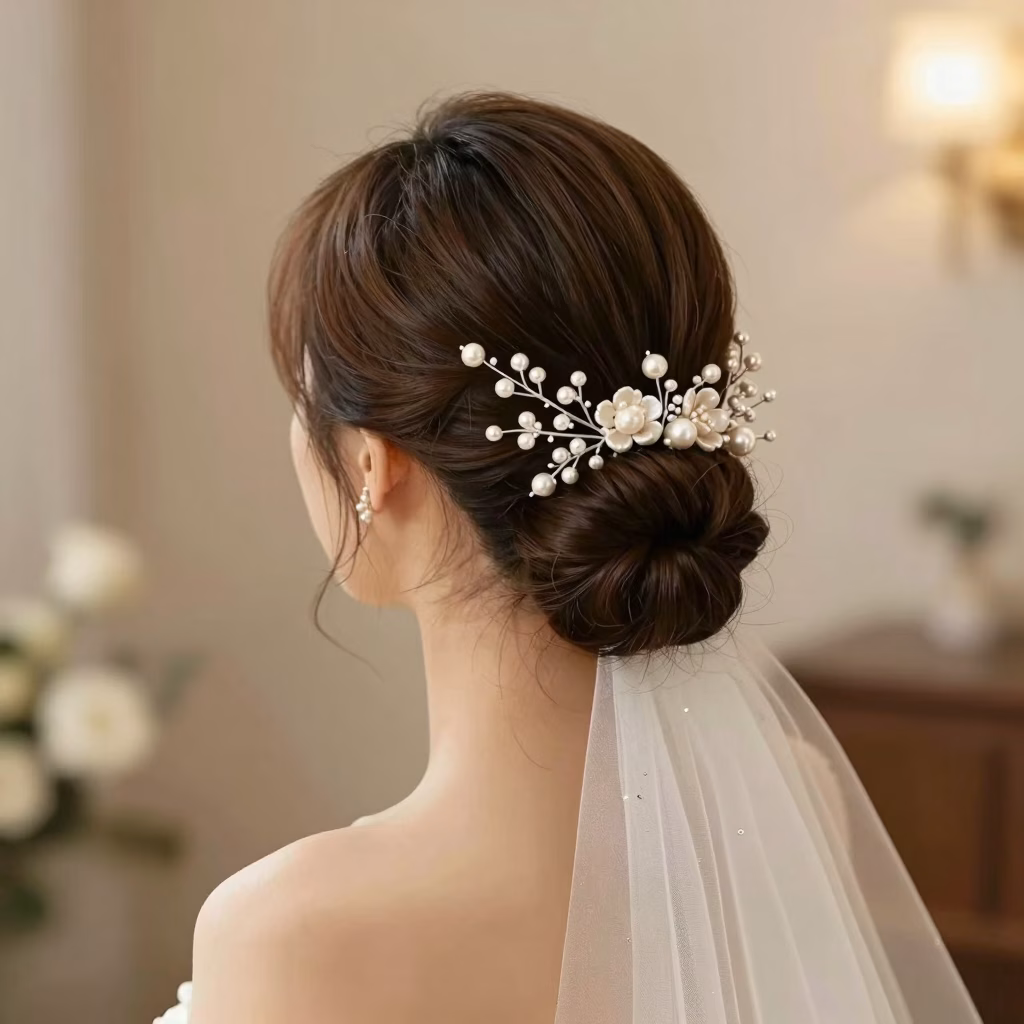 Chignon de mari&eacute;e &eacute;l&eacute;gant orn&eacute; de perles et de fleurs d&eacute;licates