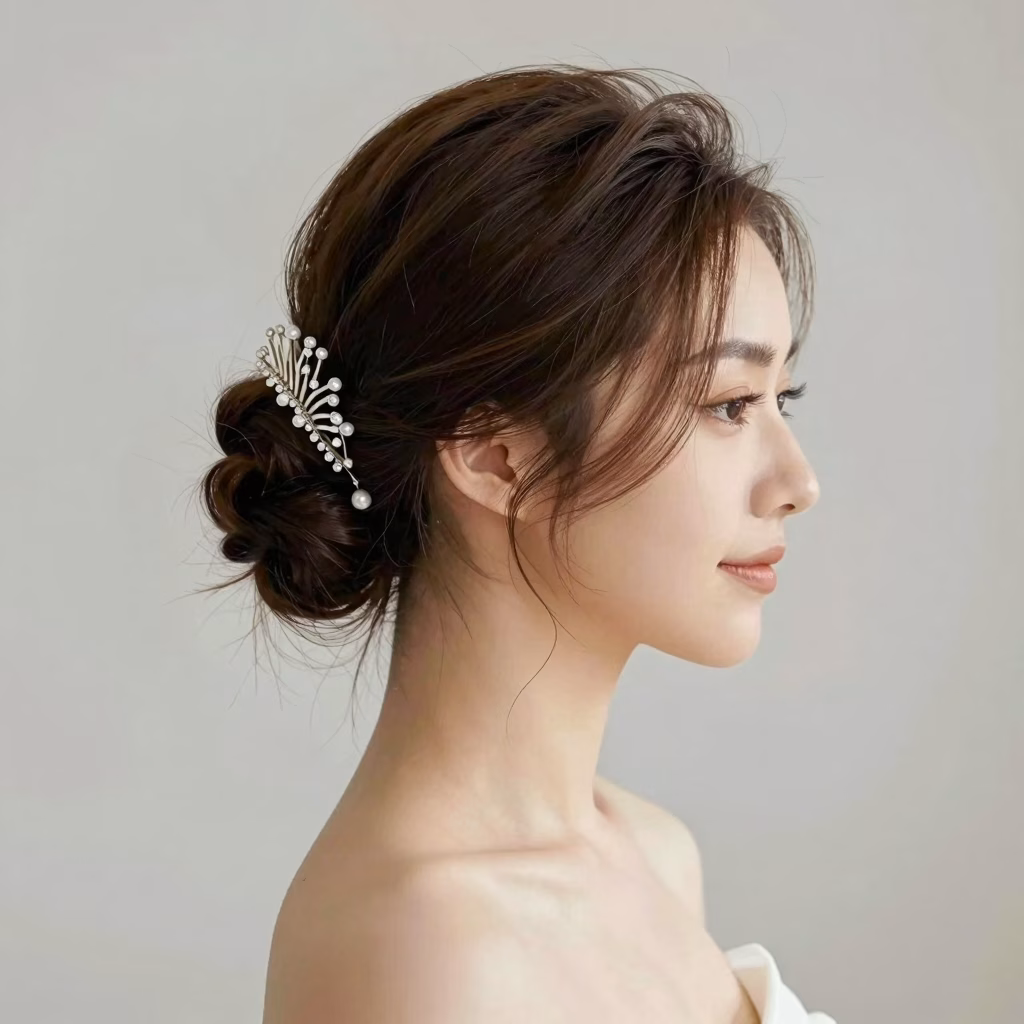 Profil de mariée avec chignon bas romantique et peigne scintillant