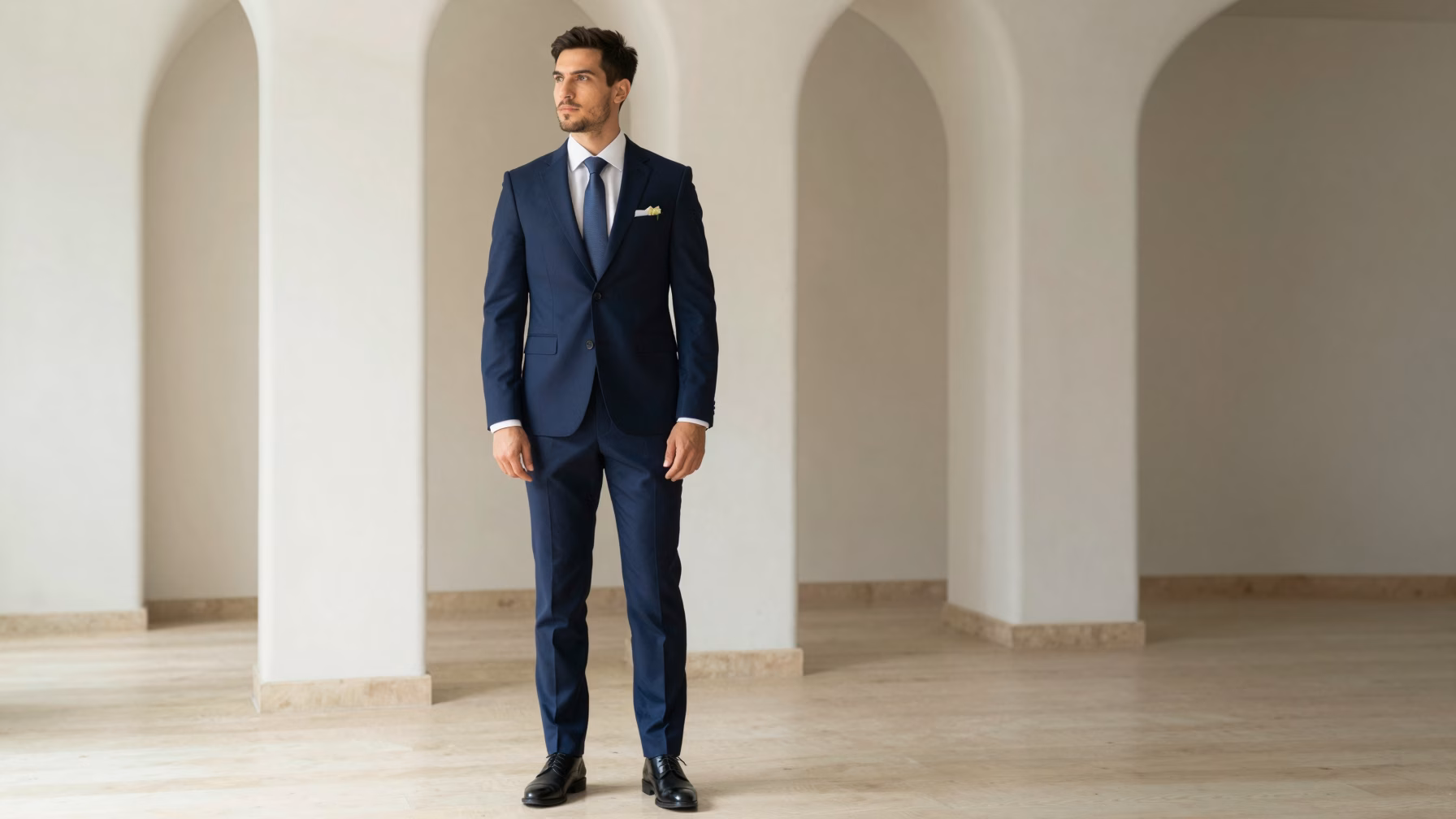Mari&eacute; en costume bleu marine slim fit dans un lieu de r&eacute;ception &eacute;l&eacute;gant