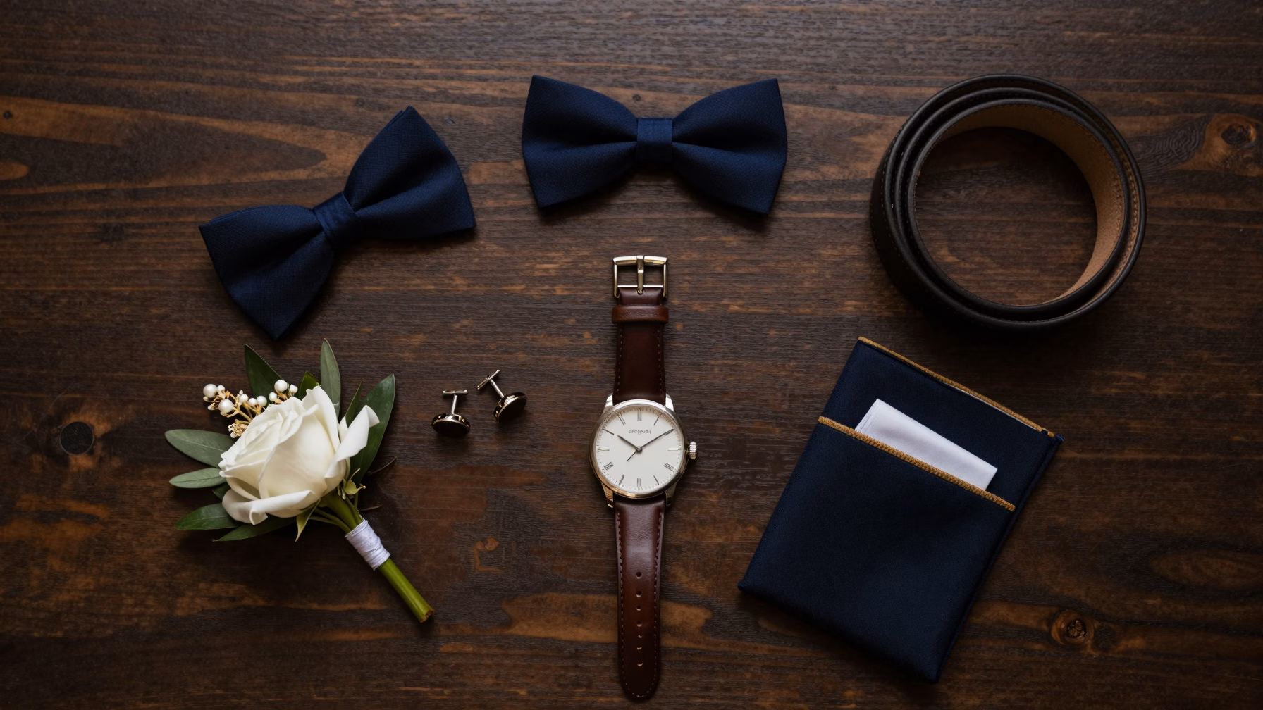 Accessoires de costume de mari&eacute; pos&eacute;s sur une surface en bois fonc&eacute;