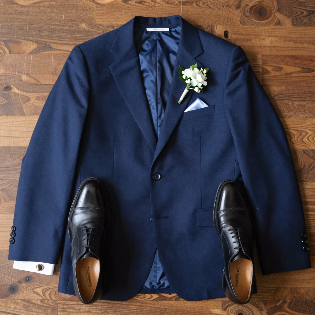 Détails du costume de marié avec pochette et boutonnière