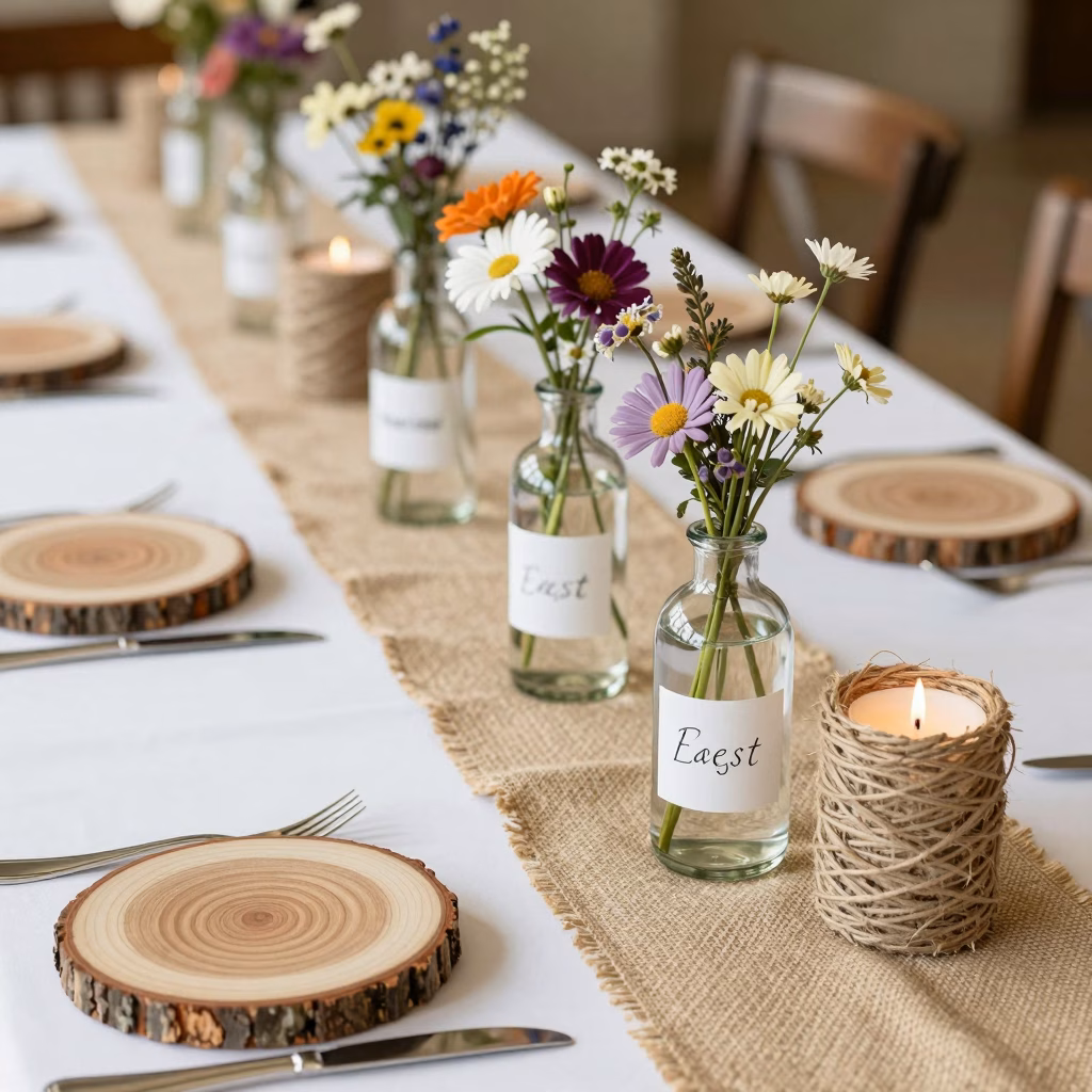 Centre de table DIY pour mariage champ&ecirc;tre avec bocaux en verre, fleurs s&eacute;ch&eacute;es et toile de jute