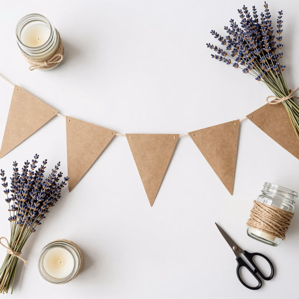 Matériaux DIY pour décoration champêtre avec guirlandes kraft et lavande