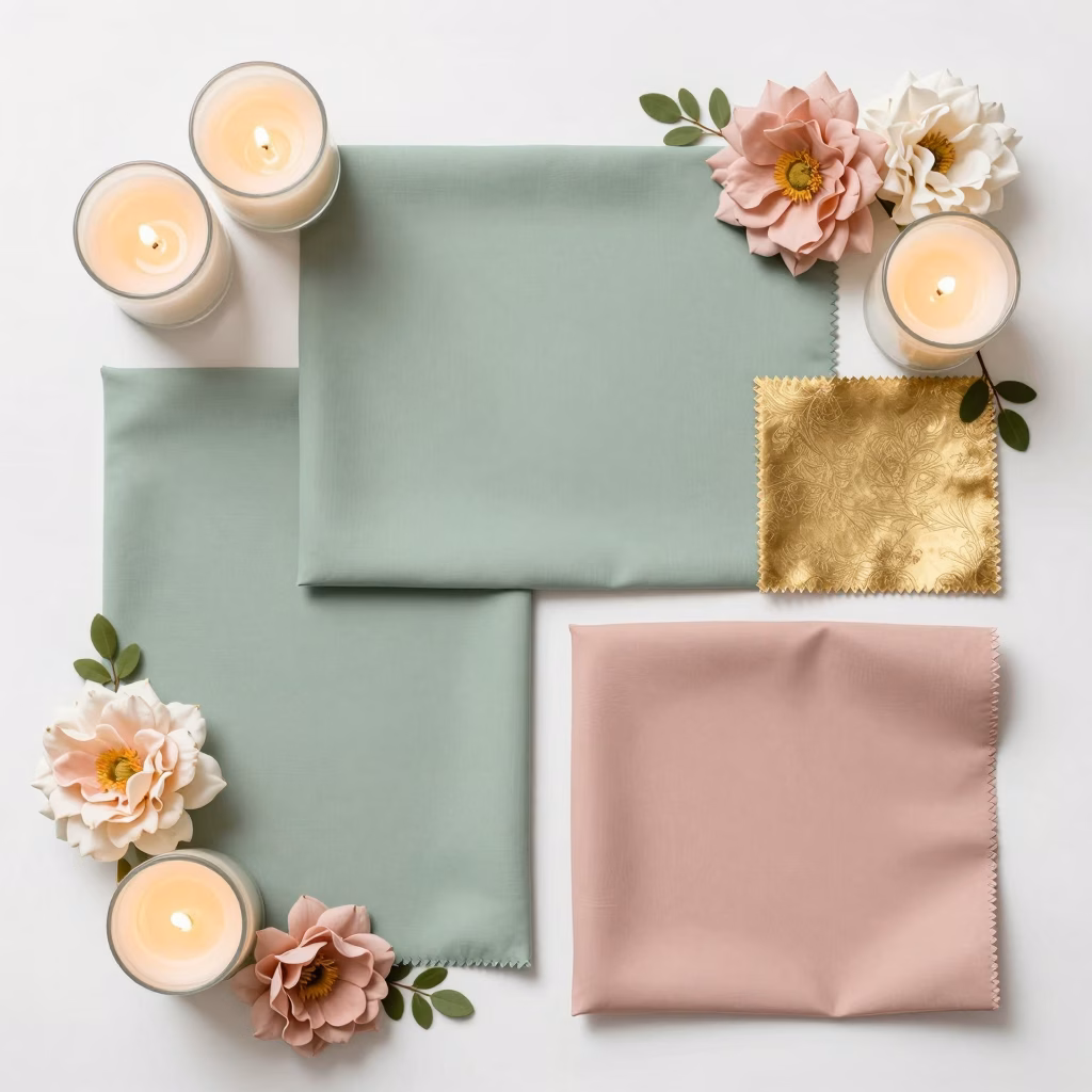 Palette de couleurs mariage avec échantillons vert sauge et rose poudré