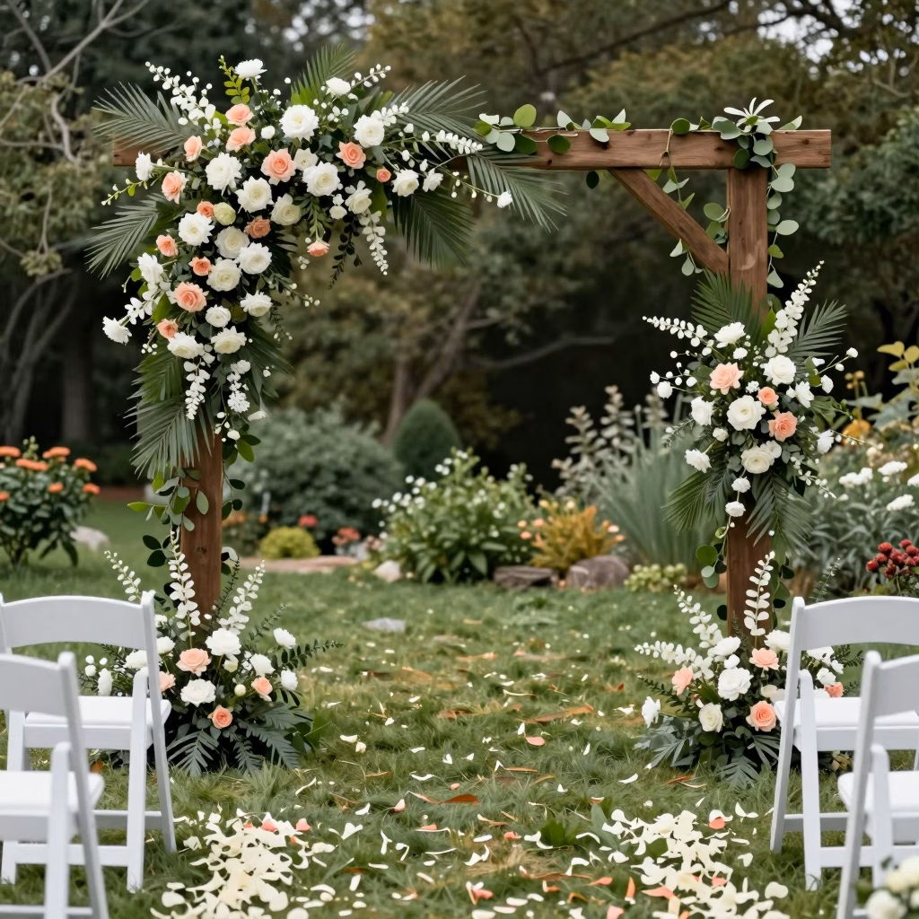 Décoration de cérémonie de mariage avec arche florale et allée de pétales
