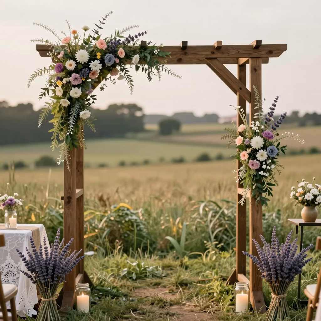 Arche de c&eacute;r&eacute;monie champ&ecirc;tre avec fleurs des champs et verdure dans un cadre bucolique
