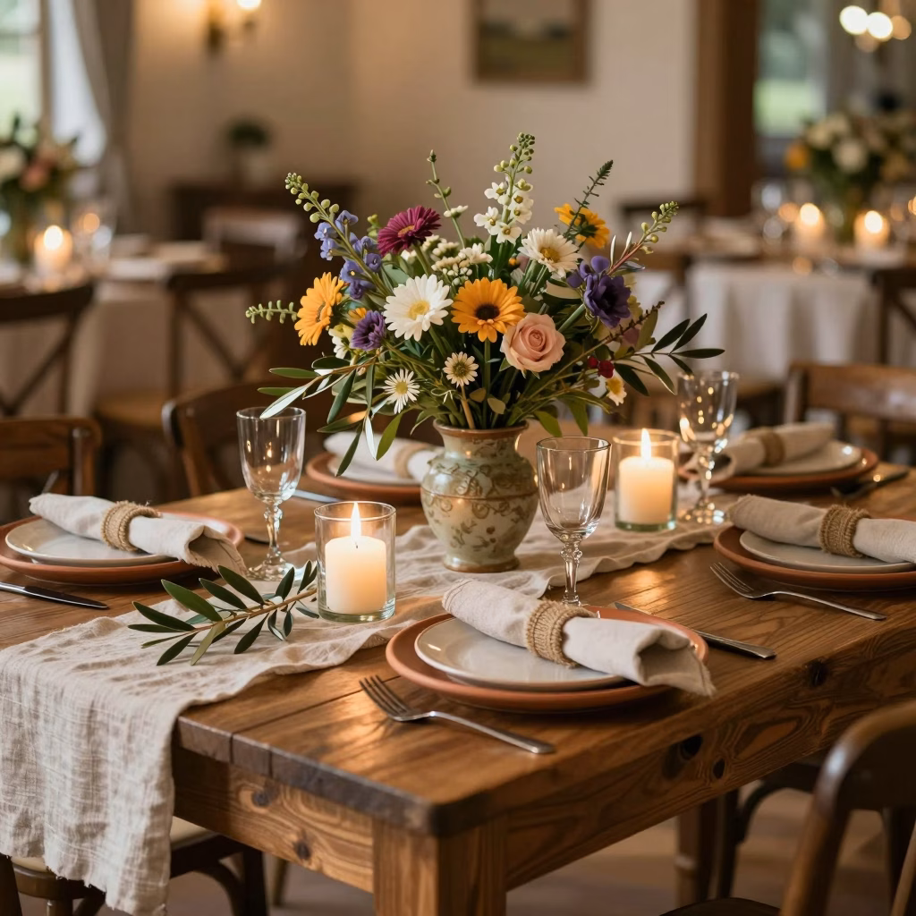 Table de r&eacute;ception mariage champ&ecirc;tre avec chemin de table en lin et centre de table fleuri