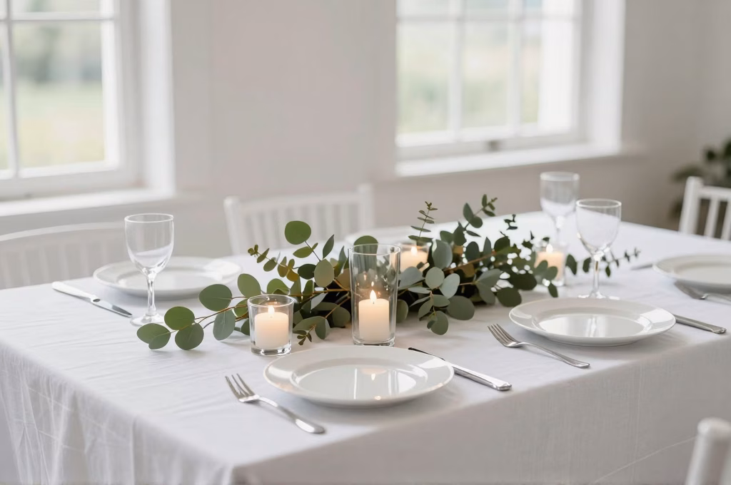 Table de mariage décorée simplement avec nappes blanches, eucalyptus et bougies pour une ambiance chic