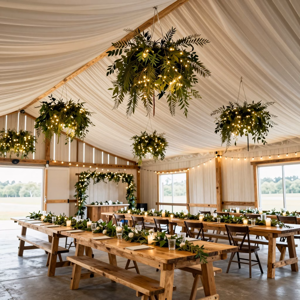 Intérieur de grange décoré pour une réception de mariage champêtre