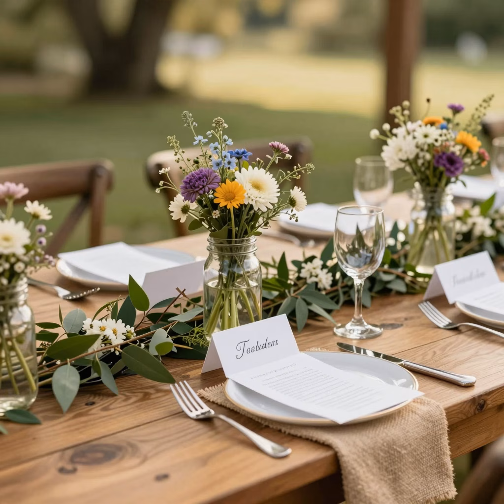 Décoration table mariage champêtre avec bocaux en verre et fleurs des champs