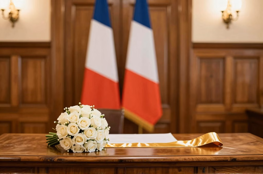Intérieur élégant d'une salle de mariage en mairie française avec drapeau tricolore et bouquet de roses blanches