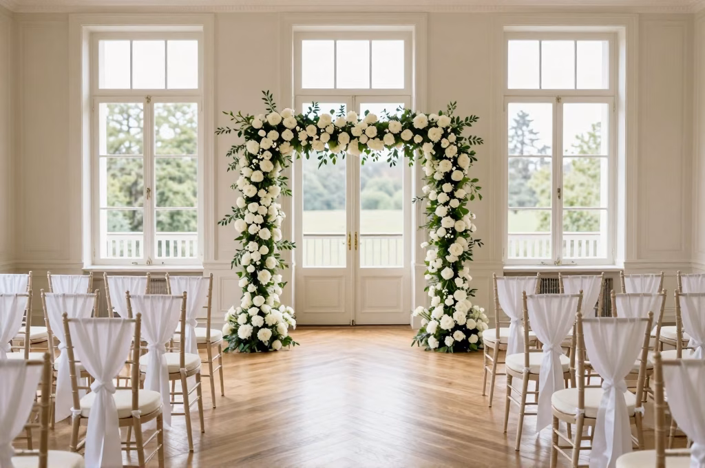 Salle des mariages décorée de compositions florales blanches avec chaises élégantes et lumière naturelle