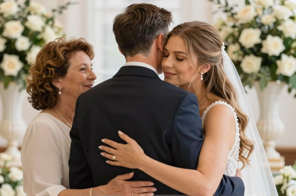 Mariés entourés de leurs parents dans un moment de tendresse familiale lors du mariage