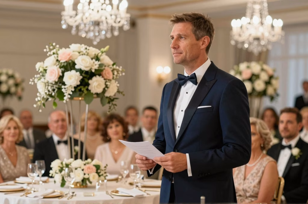 Père de la mariée prononçant son discours dans une salle de réception élégamment décorée