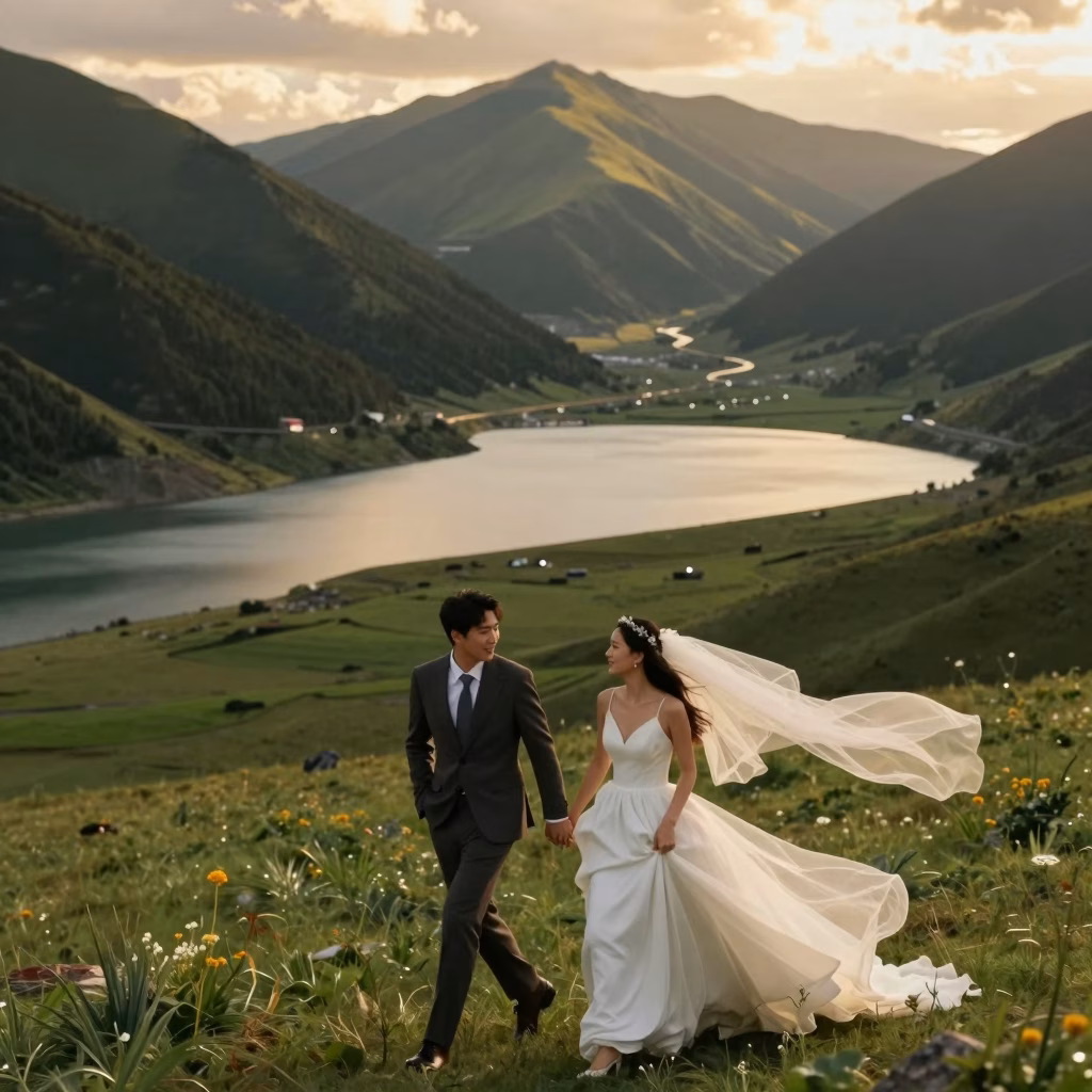 Couple aventurier en tenue de mariage marchant dans la nature