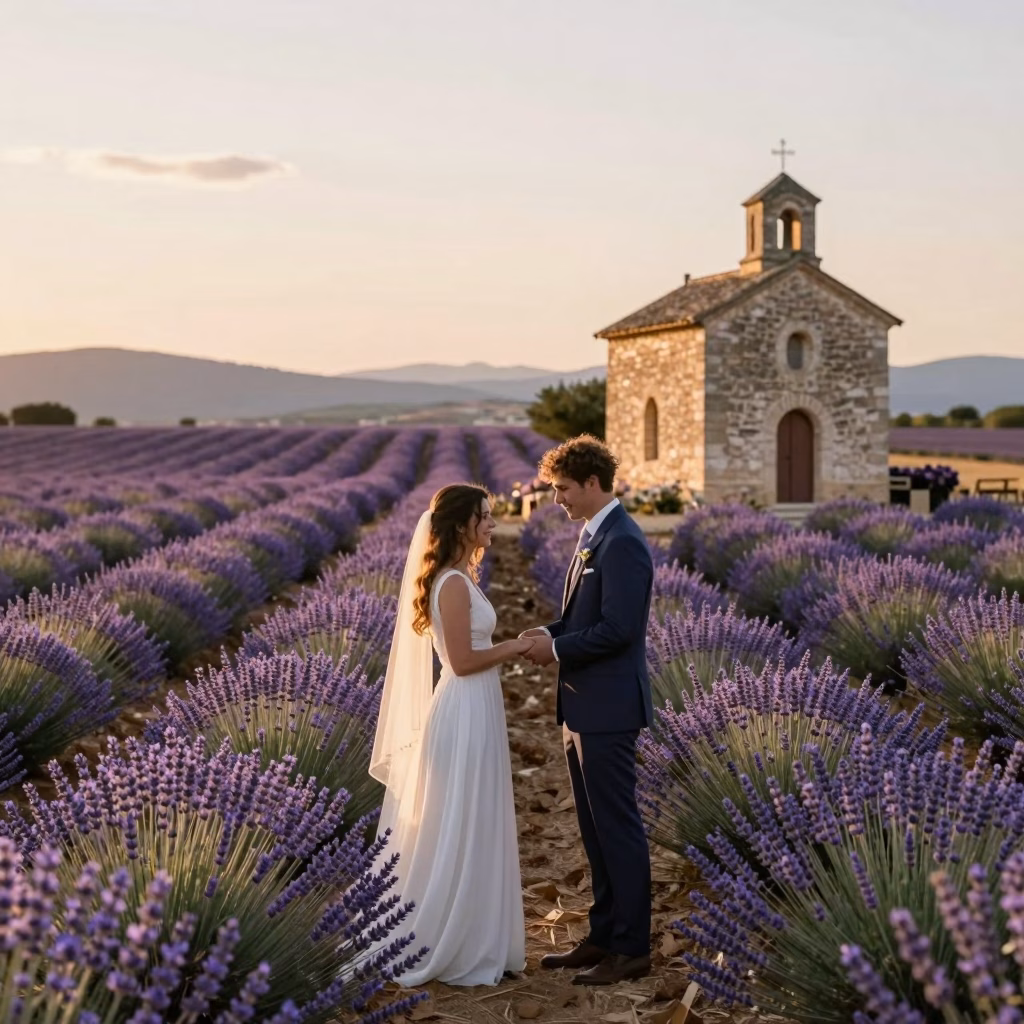 C&eacute;r&eacute;monie d&rsquo;elopement dans les champs de lavande en Provence, France