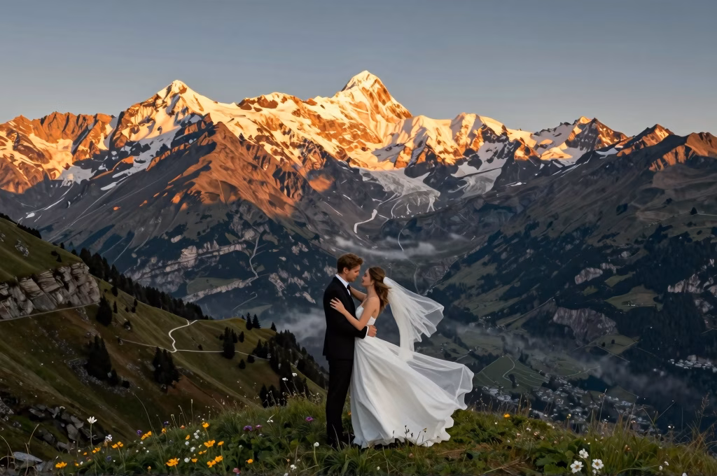 Maries enlaces face aux Alpes francaises lors d'un elopement en montagne au coucher du soleil
