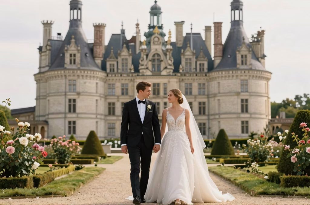 Couple de maries devant un chateau de la Loire lors d'un elopement en France