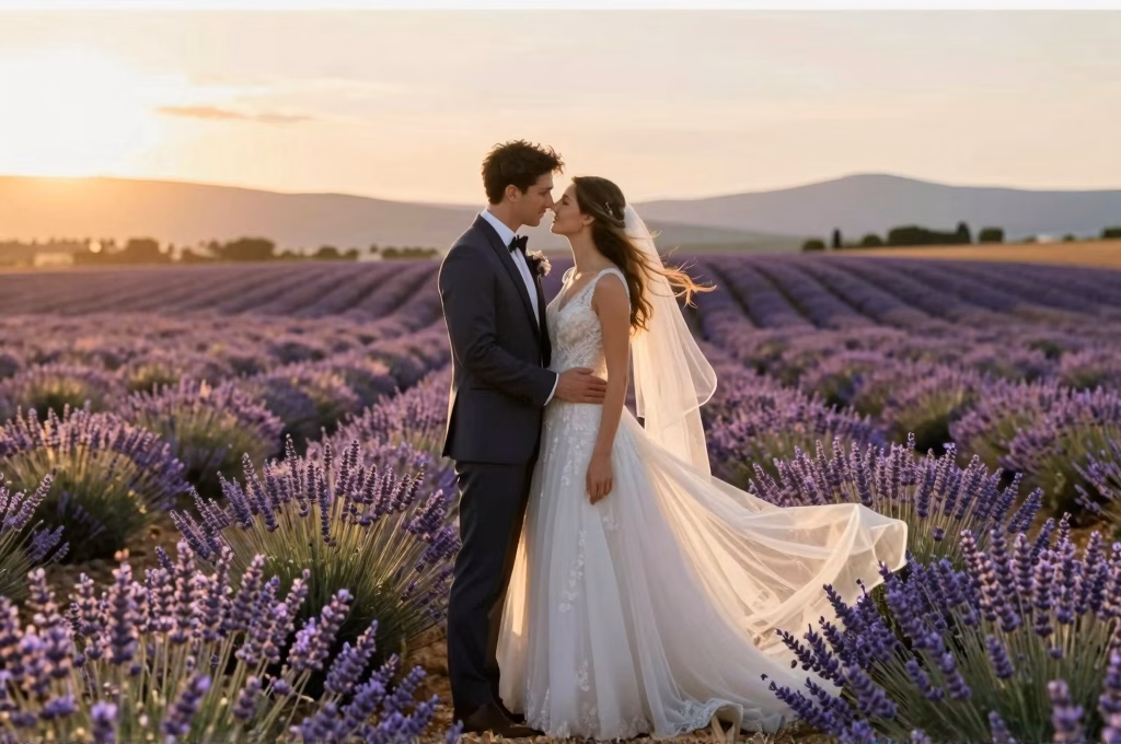 Couple en tenue de mariage dans un champ de lavande en Provence pour un elopement intime