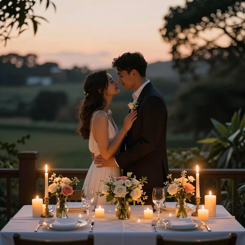 Couple c&eacute;l&eacute;brant un elopement intime &agrave; deux, d&icirc;ner aux chandelles en ext&eacute;rieur