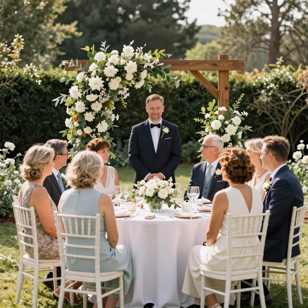 Micro-mariage intime en petit comit&eacute; dans un jardin, table d&eacute;cor&eacute;e avec &eacute;l&eacute;gance