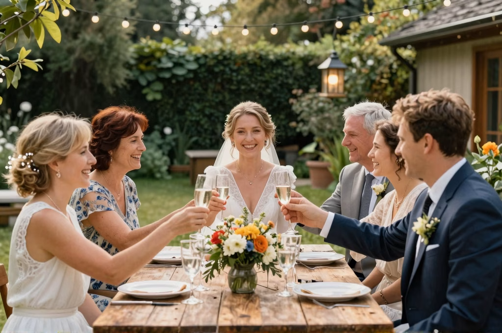 Celebration intime d'un micro-mariage en petit comite dans un jardin avec famille et amis proches
