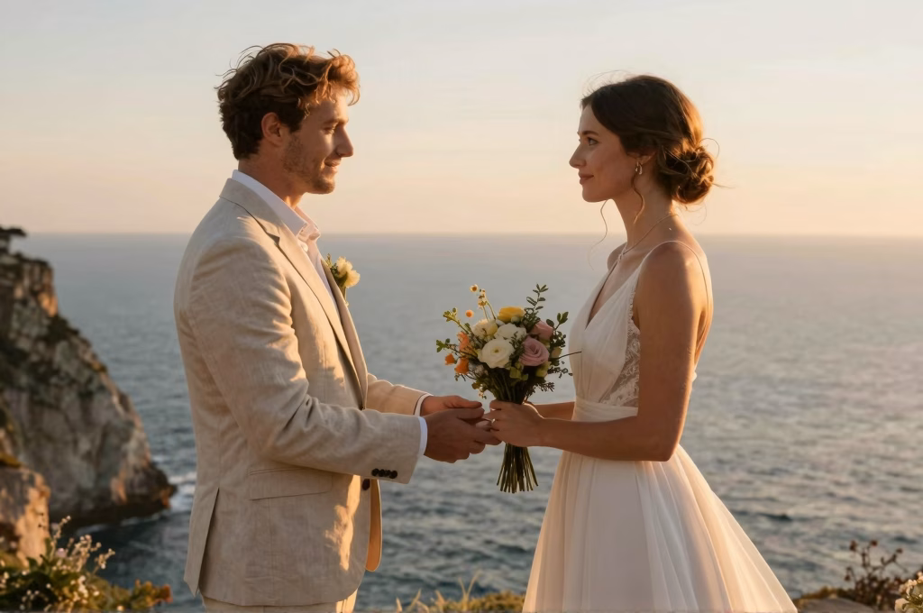 Couple celebrant un elopement intime au bord d'une falaise face a l'ocean au coucher du soleil