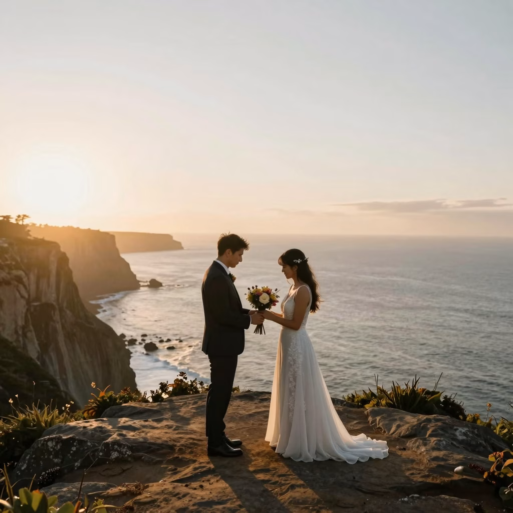 Couple &eacute;changeant leurs voeux lors d&rsquo;un elopement face &agrave; l&rsquo;oc&eacute;an au lever du soleil