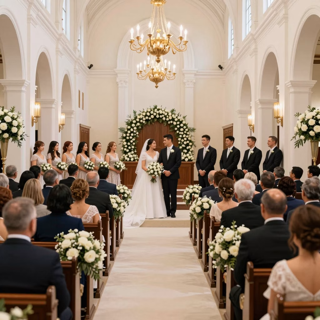 C&eacute;r&eacute;monie de mariage traditionnel dans une grande salle avec de nombreux invit&eacute;s et d&eacute;corations florales