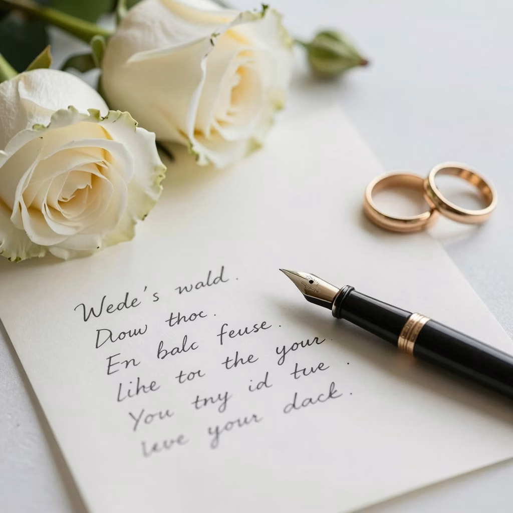 Papier vintage avec discours de mariage manuscrit et roses blanches