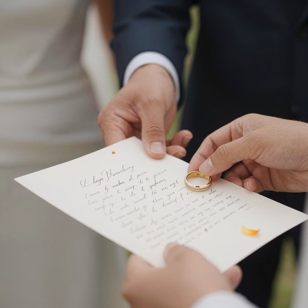 Détail d'une cérémonie de mariage avec mains jointes et alliances