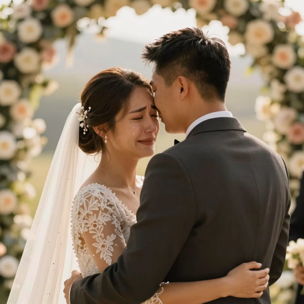 Couple ému lors de l'échange de voeux de mariage, moment de tendresse et d'émotion