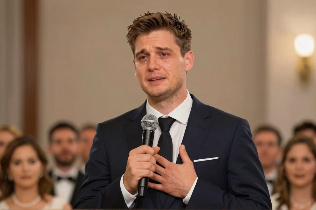 Orateur ému prononçant un discours de mariage émouvant au microphone