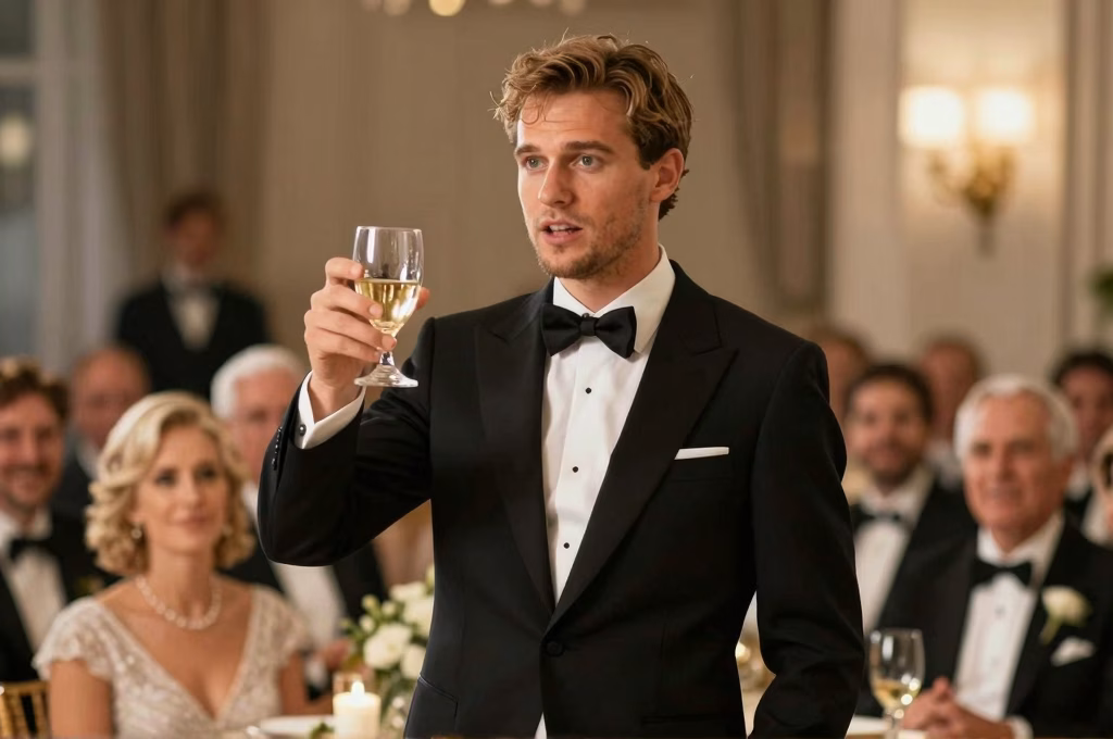 Orateur levant son verre lors d'un toast passionné à la réception de mariage