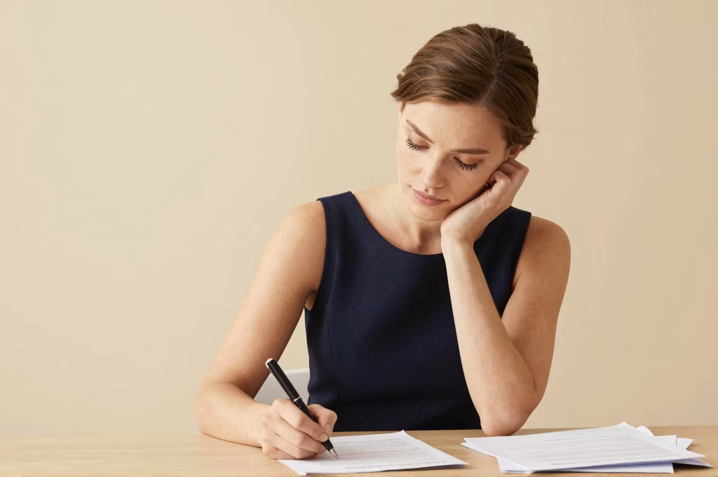 Femme rédigeant un discours de mariage avec soin et réflexion