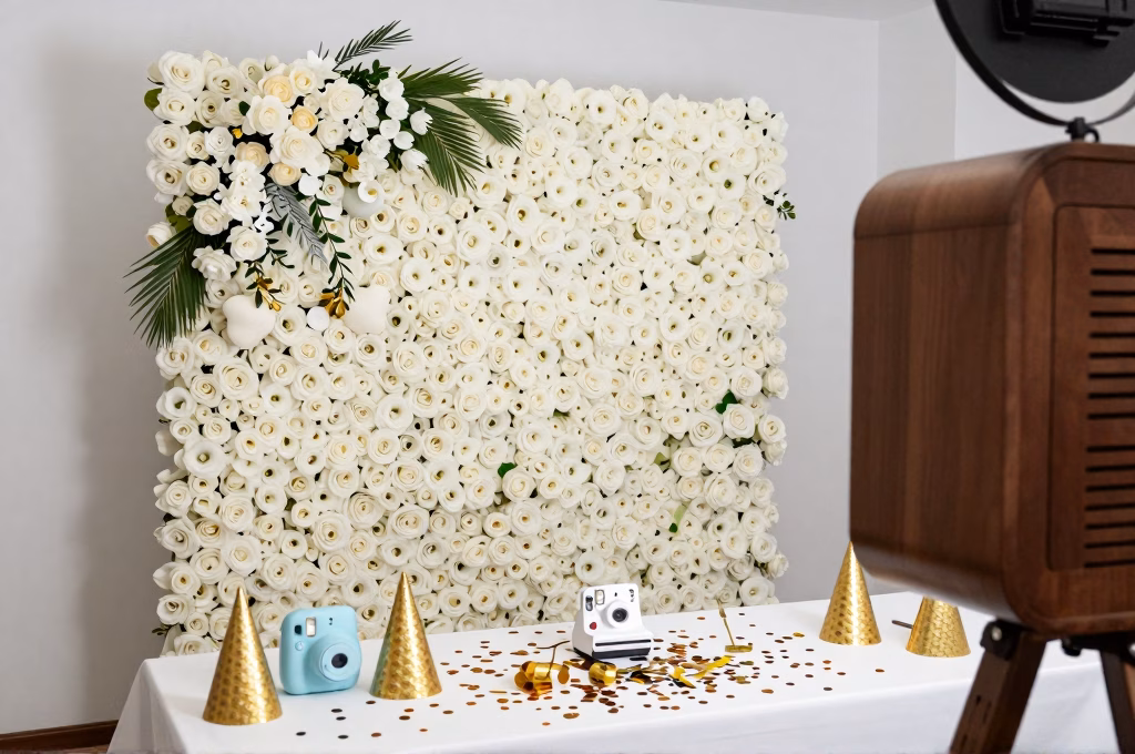 Photobooth de mariage avec accessoires originaux, fond fleuri et polaroid pour souvenirs de fête