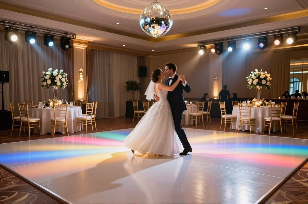 Piste de danse illuminée lors d'une soirée de mariage avec éclairage festif et boule à facettes