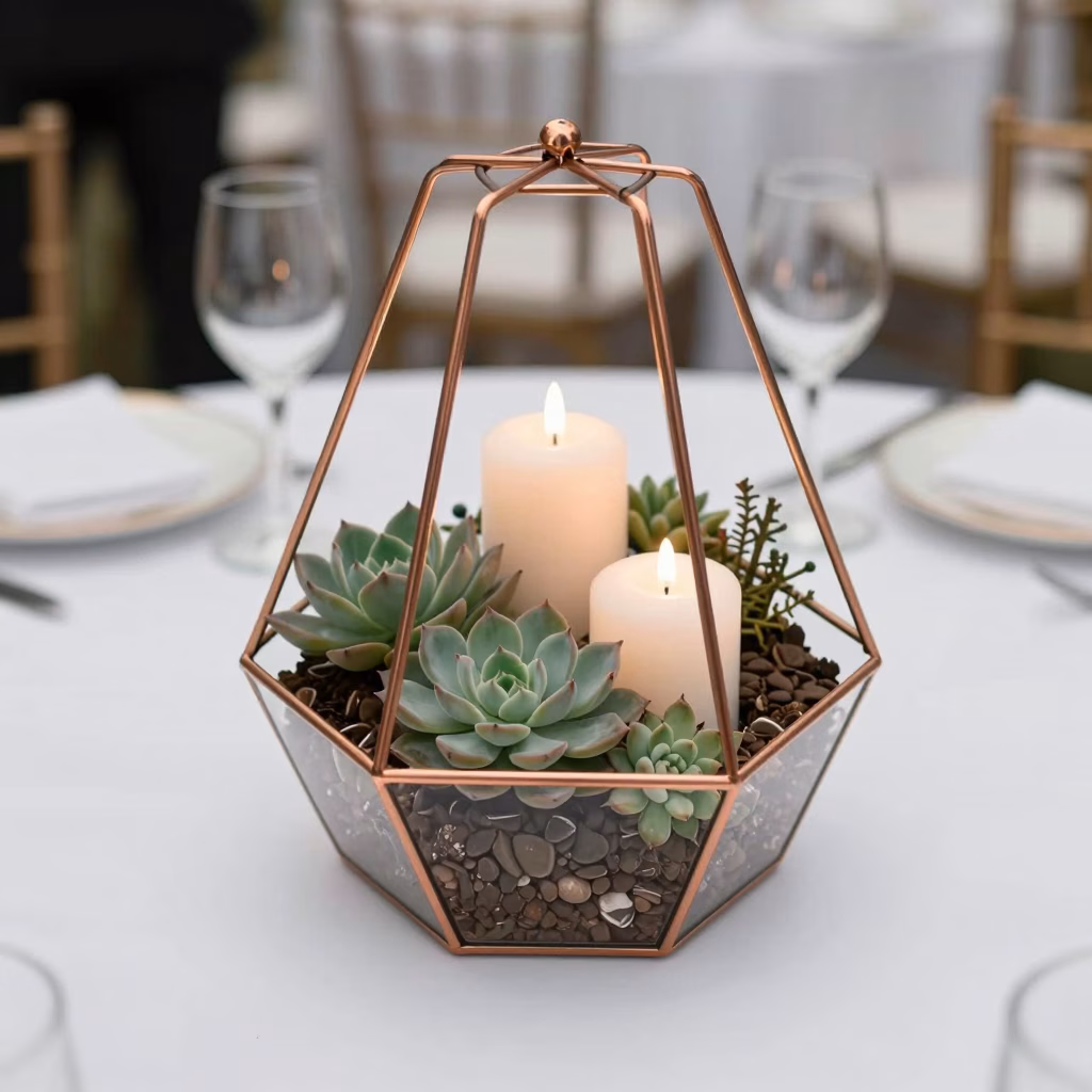 Décoration de mariage originale avec terrarium géométrique et succulentes