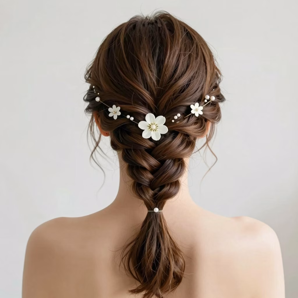 Coiffure de mariage tressée élégante avec fleurs blanches