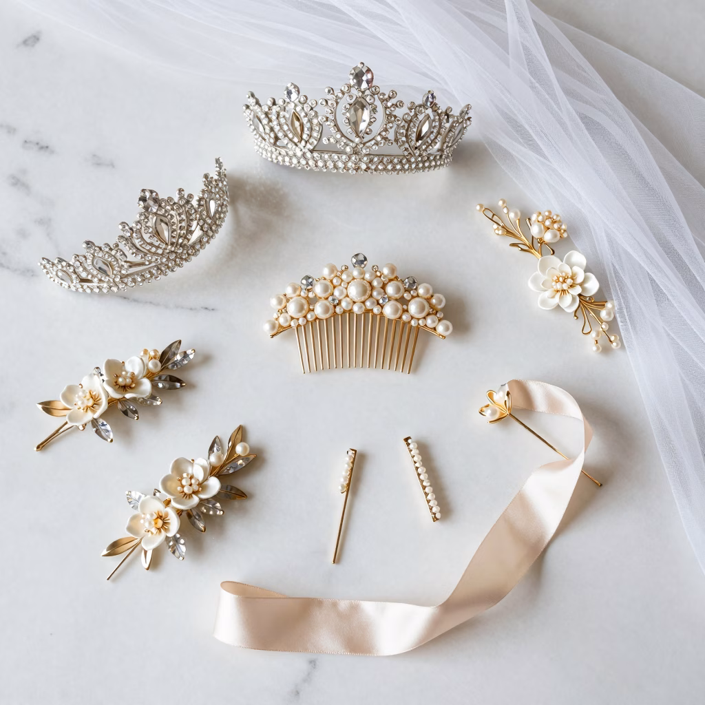 Accessoires de coiffure mariage sur marbre blanc