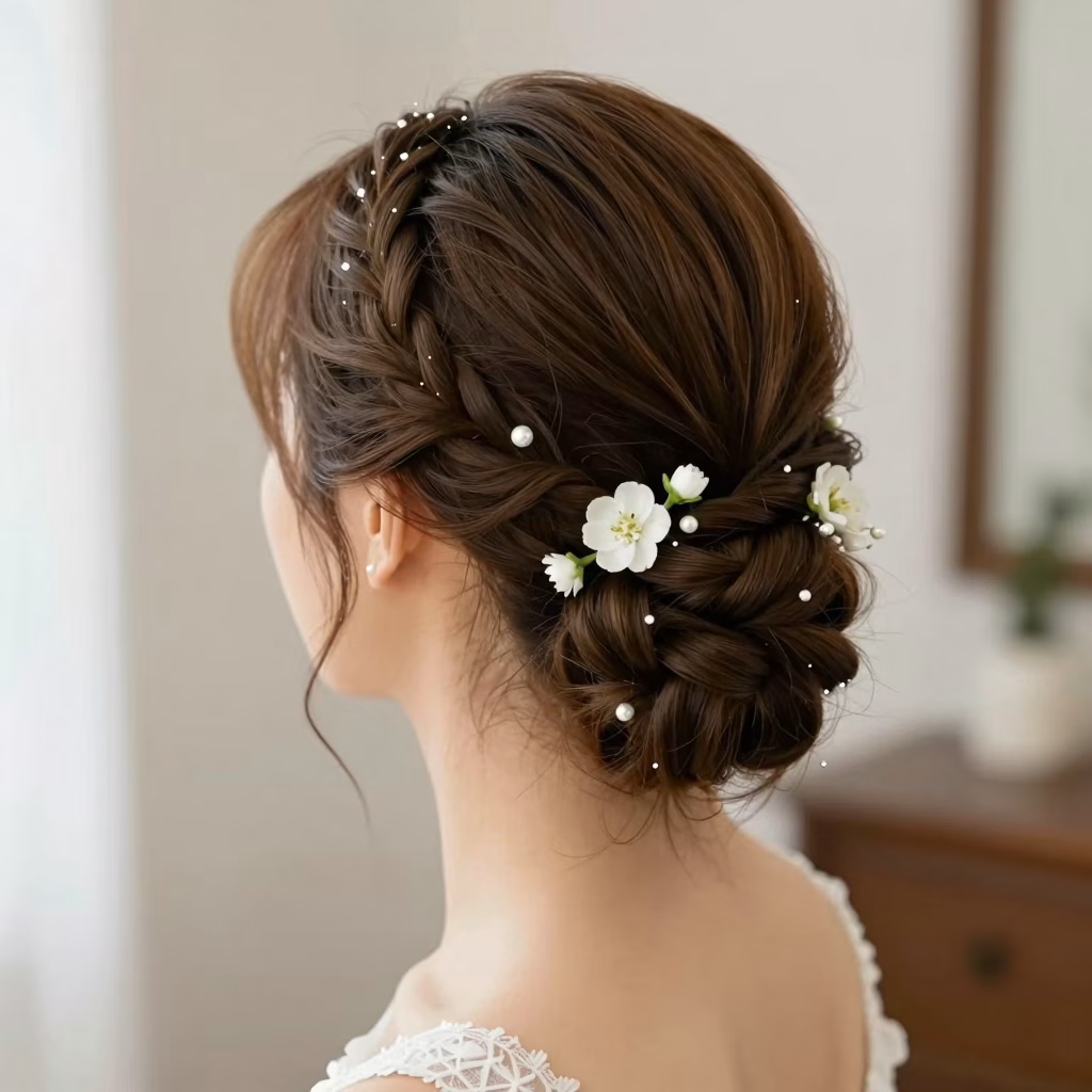 Chignon de mariée élégant avec tresse et petites fleurs blanches