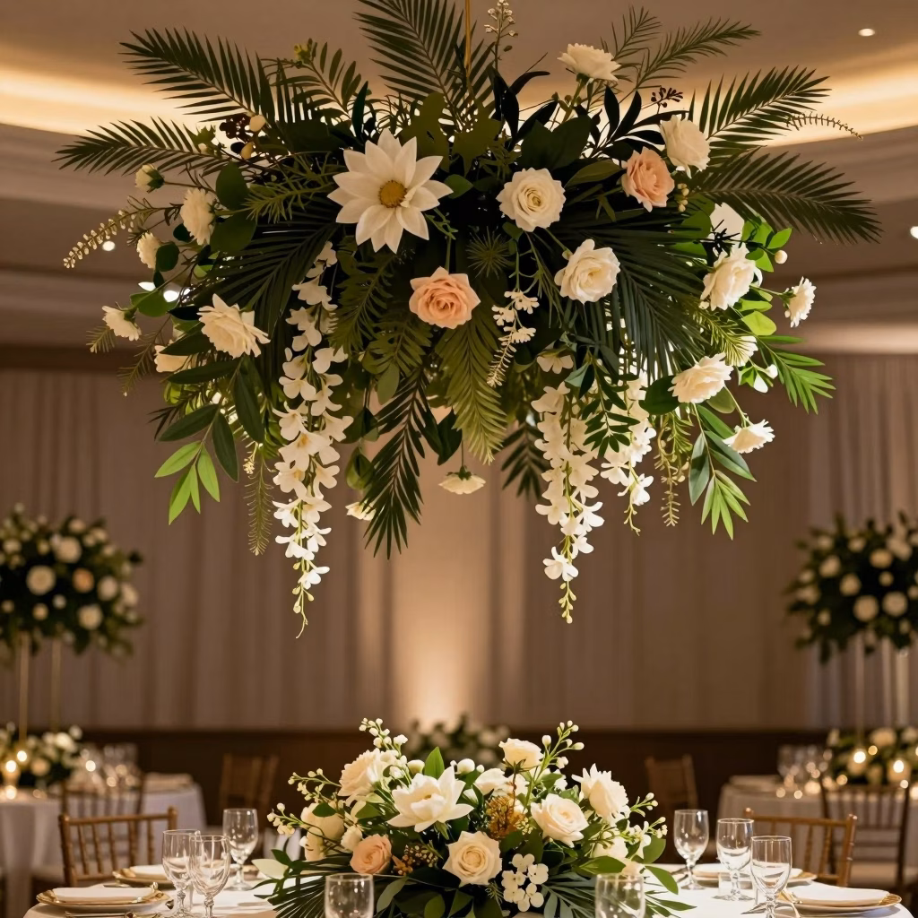 Salle de r&eacute;ception de mariage d&eacute;cor&eacute;e avec plafond de fleurs suspendues, tables dress&eacute;es et guirlandes lumineuses