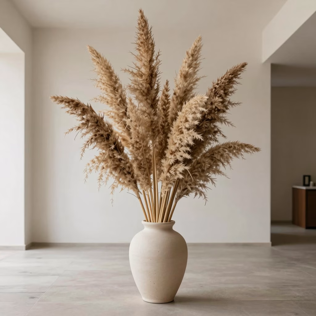Arrangement de pampa séchée dans un vase en céramique style bohème