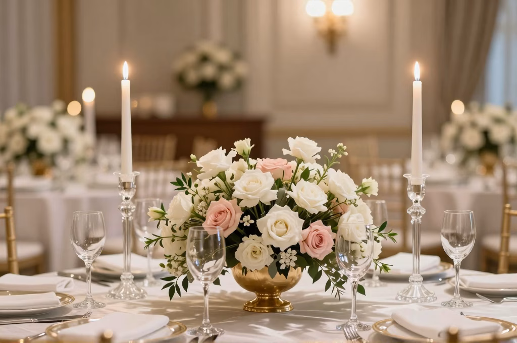 Elegant bruiloft centerpiece met witte en roze bloemen, kaarsen en fijn servies als decoratie bruiloft